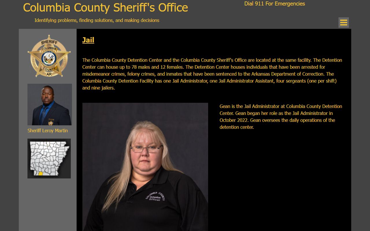 Columbia County Detention Center jail page with capacity and administrator information